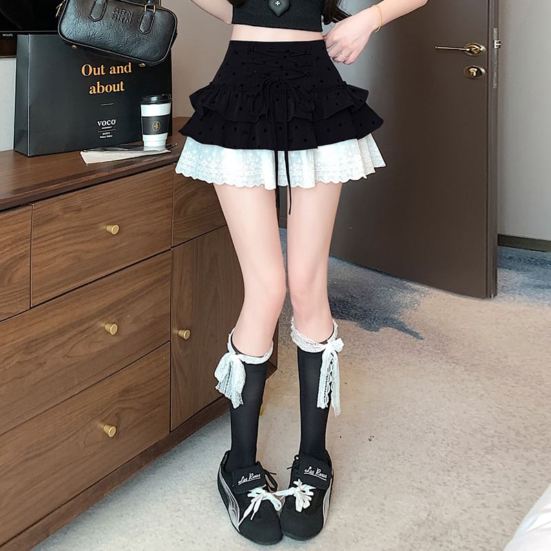 High Panel Waist Lace Skirt Bow Mini A-Line Dotted Tiered