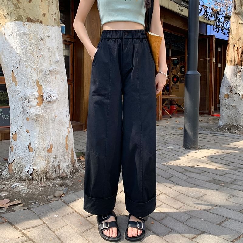 Wide Waist Cropped Elastic Pants Plain Leg