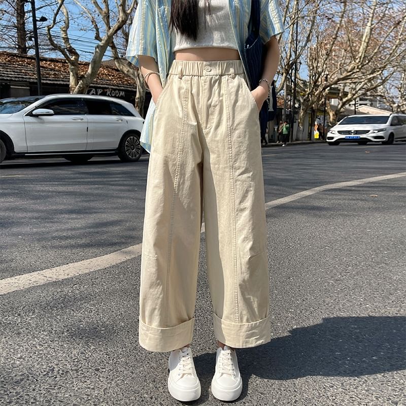 Wide Waist Cropped Elastic Pants Plain Leg