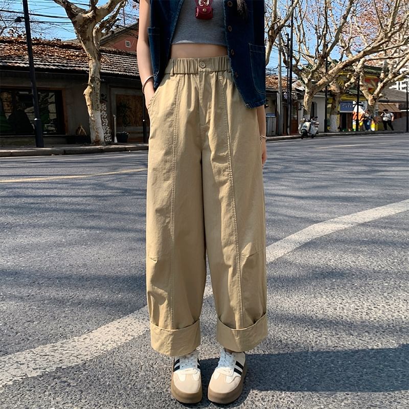 Wide Waist Cropped Elastic Pants Plain Leg