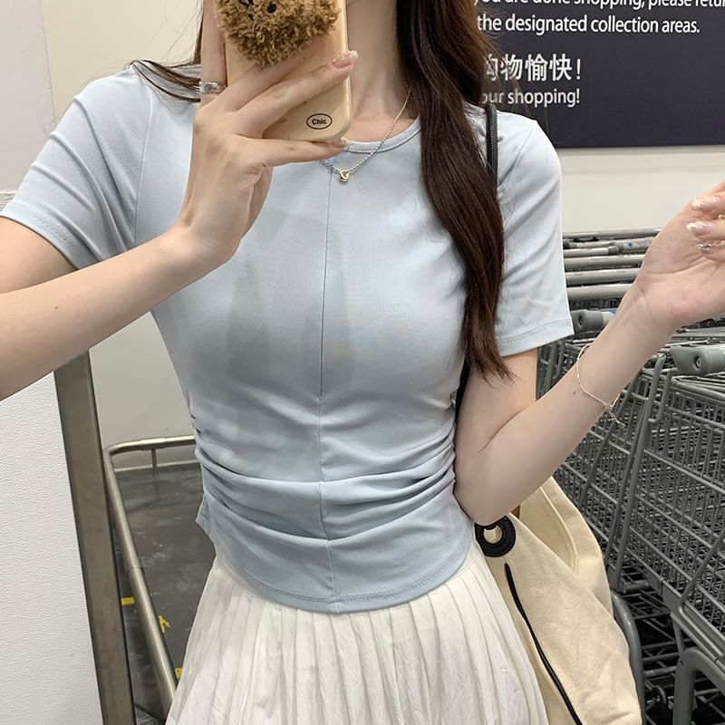 Round T-Shirt Slim Half-Zip Fit Ruched Neck Short-Sleeve