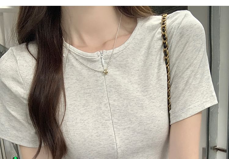 Round T-Shirt Slim Half-Zip Fit Ruched Neck Short-Sleeve