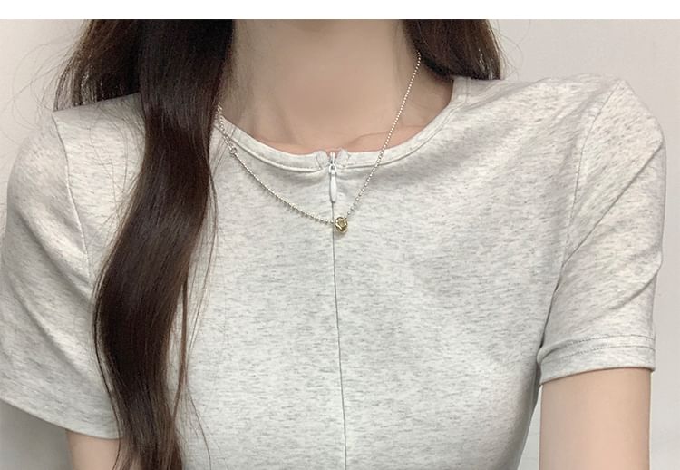 Round T-Shirt Slim Half-Zip Fit Ruched Neck Short-Sleeve