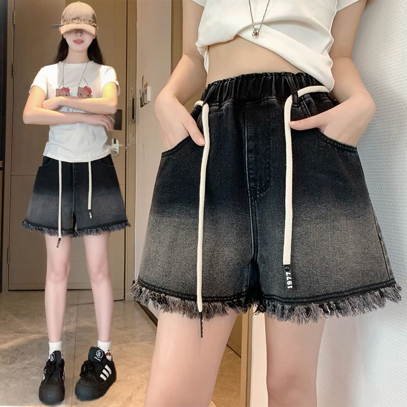 Denim Drawstring Waist Washed Fringed Shorts