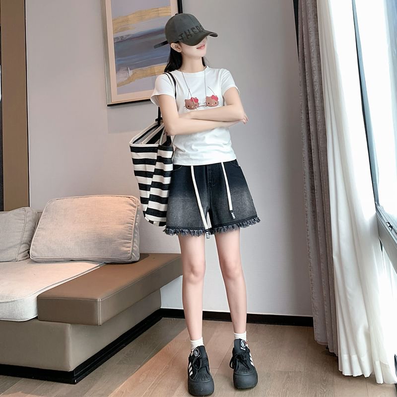 Denim Drawstring Waist Washed Fringed Shorts