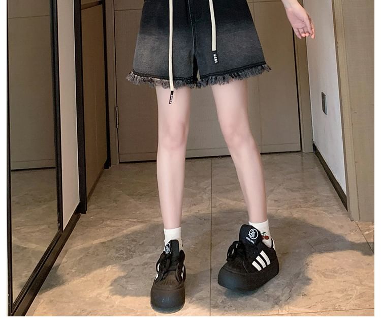 Denim Drawstring Waist Washed Fringed Shorts