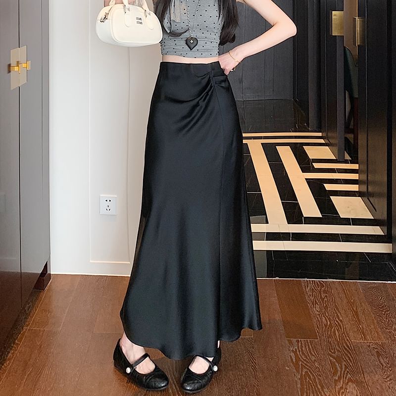 Plain High Ruched Skirt A-Line Waist Midi