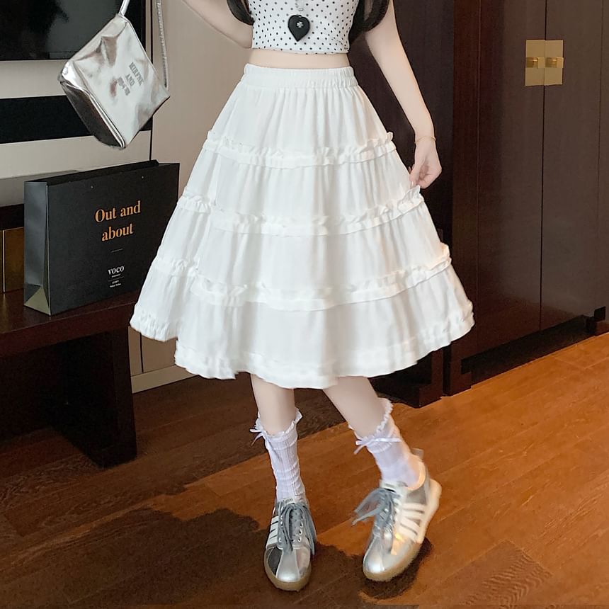 Elastic Waist Trim Ruffle Plain Tiered A-Line Skirt