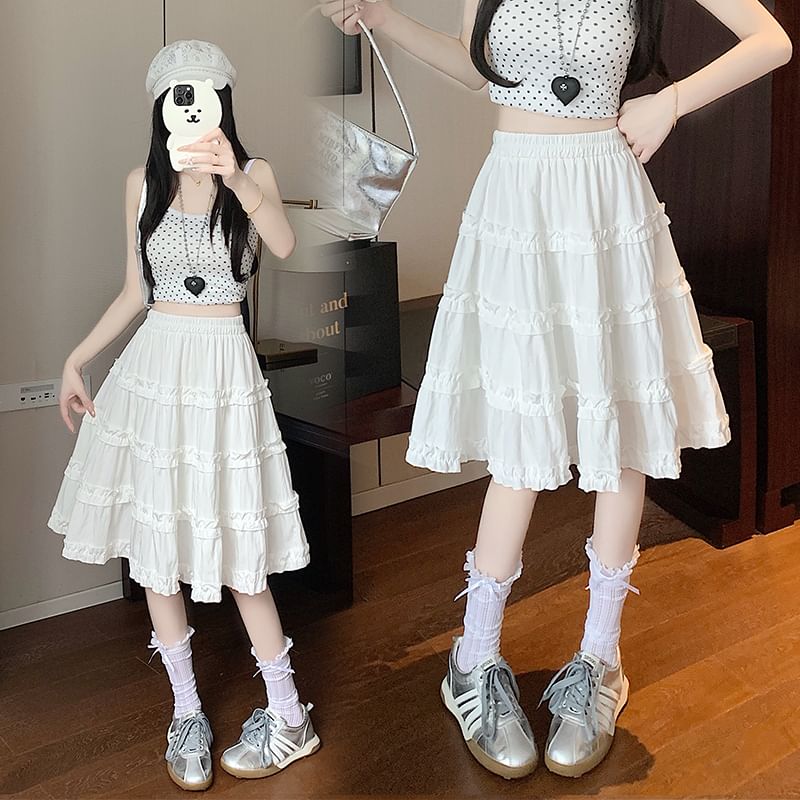 Elastic Waist Trim Ruffle Plain Tiered A-Line Skirt