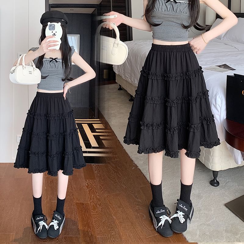 Elastic Waist Trim Ruffle Plain Tiered A-Line Skirt