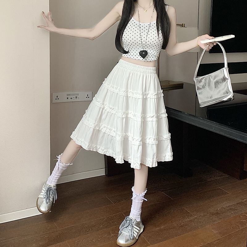 Elastic Waist Trim Ruffle Plain Tiered A-Line Skirt
