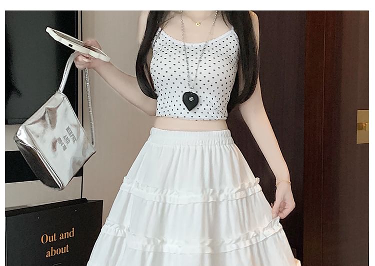 Elastic Waist Trim Ruffle Plain Tiered A-Line Skirt