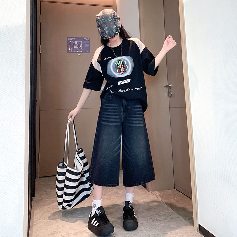 High Jeans Capri Wide Waist Washed Leg