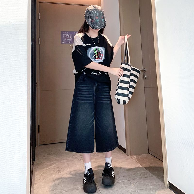 High Jeans Capri Wide Waist Washed Leg