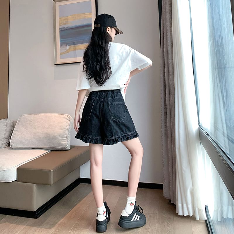Denim Trim Waist Shorts Elastic Ruffle