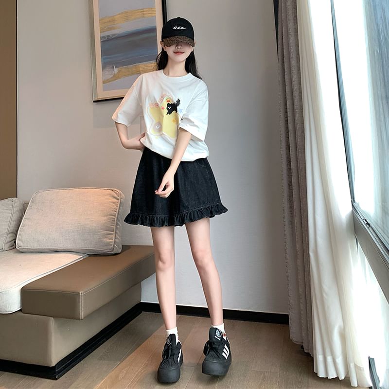 Denim Trim Waist Shorts Elastic Ruffle