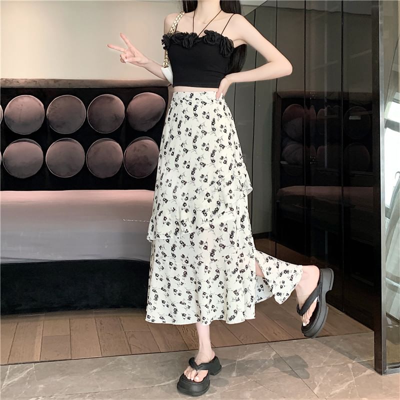 High Tiered Skirt Rise A-Line Floral Slit Midi