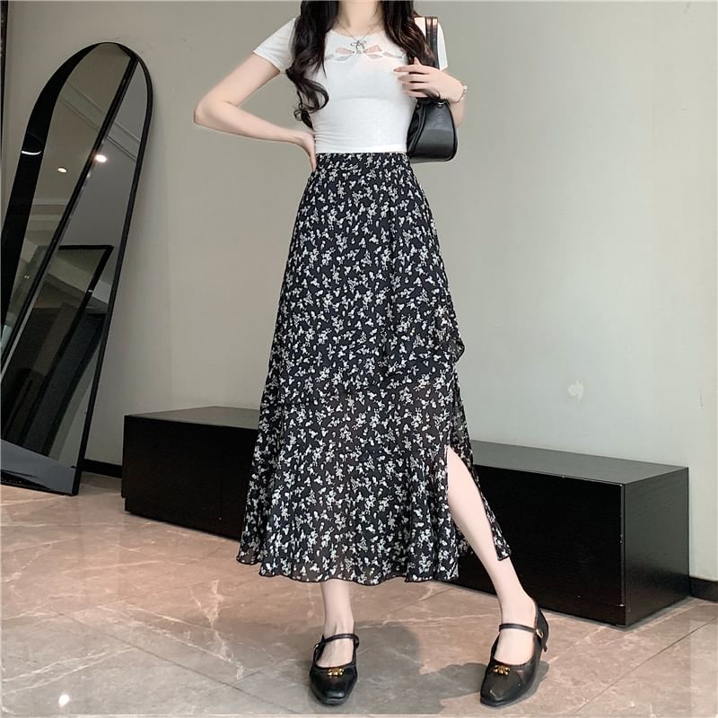 High Tiered Skirt Rise A-Line Floral Slit Midi