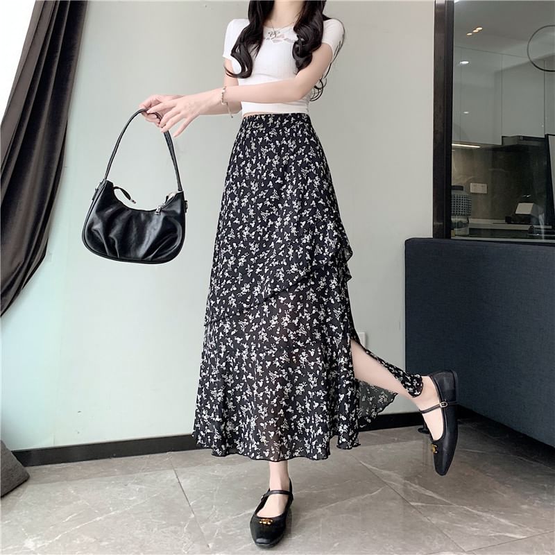 High Tiered Skirt Rise A-Line Floral Slit Midi