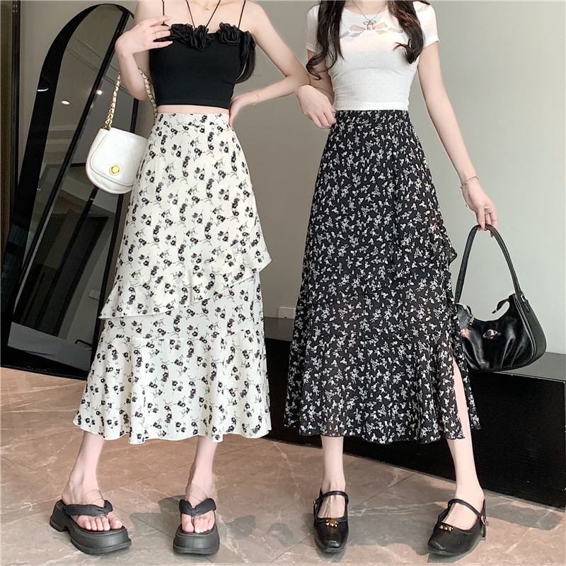 High Tiered Skirt Rise A-Line Floral Slit Midi