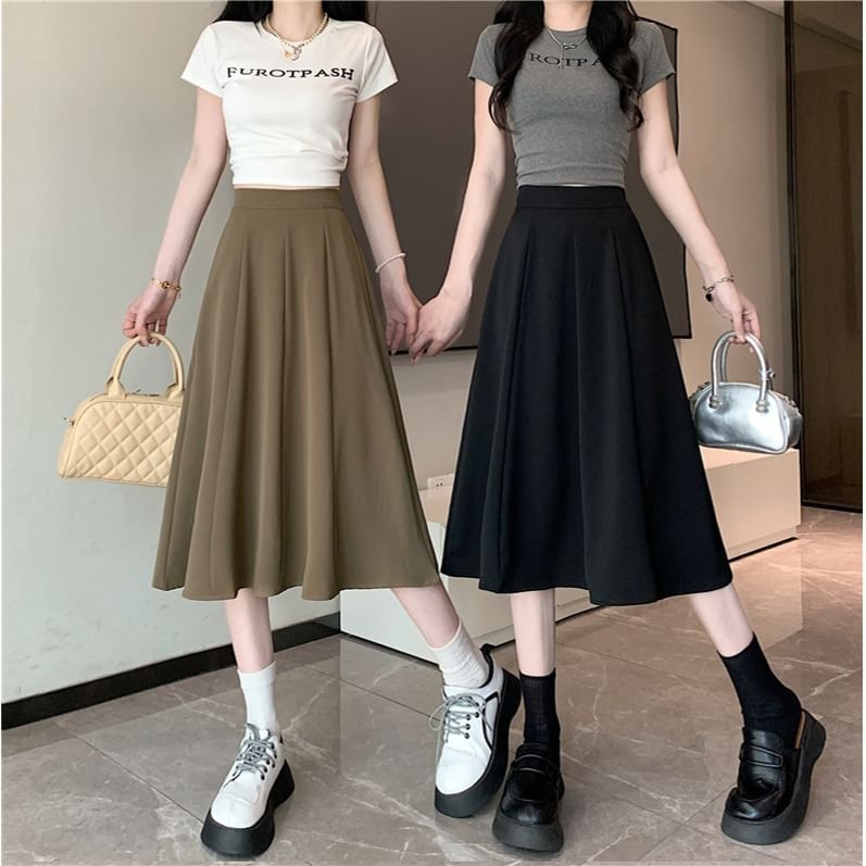 Waist Midi Plain High A-Line Skirt