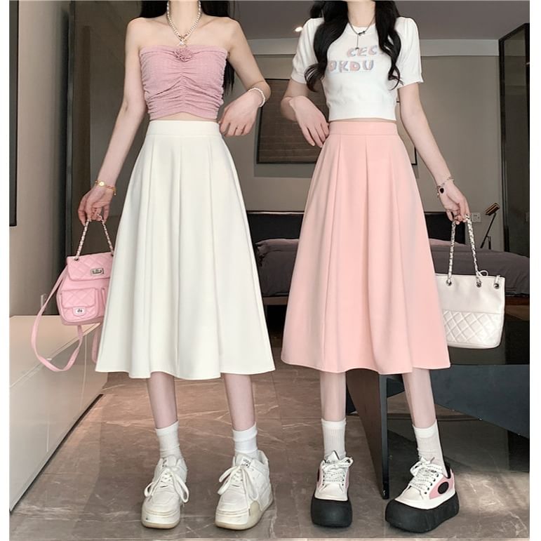 Waist Midi Plain High A-Line Skirt
