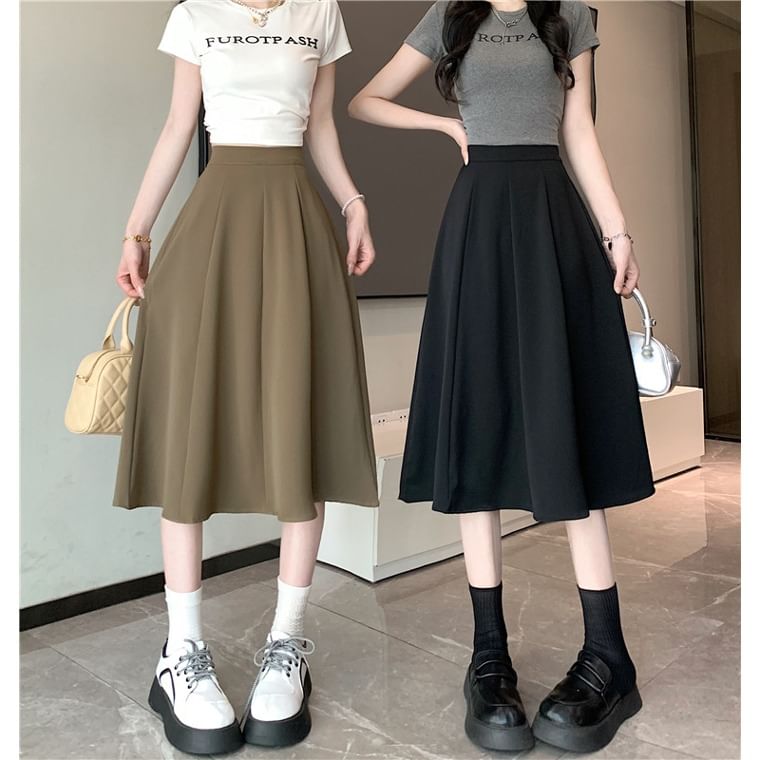 Waist Midi Plain High A-Line Skirt