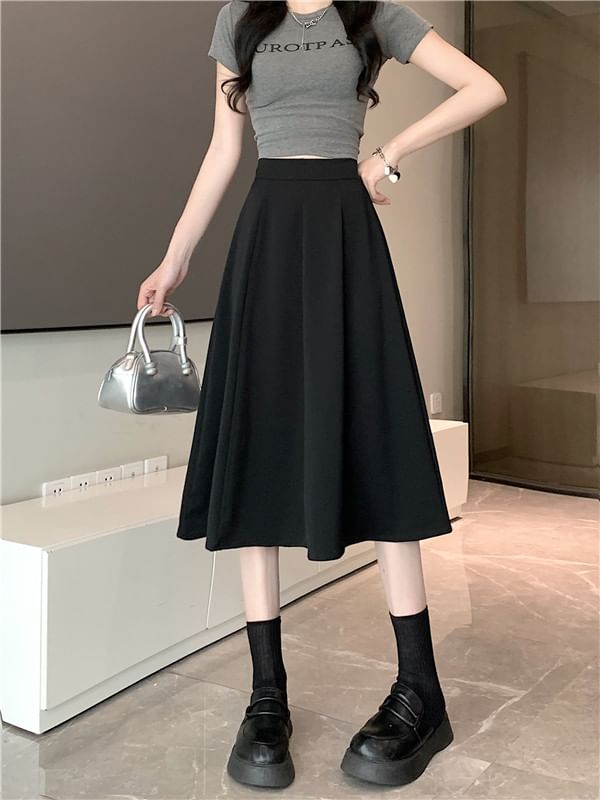Waist Midi Plain High A-Line Skirt