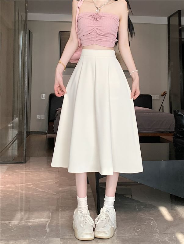 Waist Midi Plain High A-Line Skirt