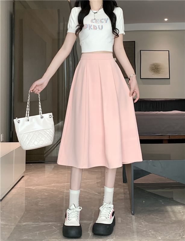 Waist Midi Plain High A-Line Skirt