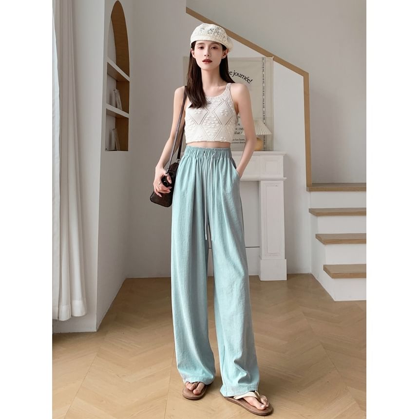 Drawstring Wide Plain Leg Pants Waist