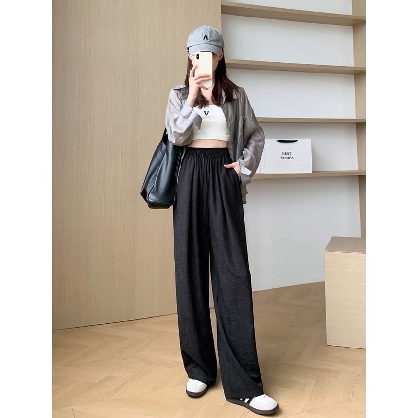 Drawstring Wide Plain Leg Pants Waist