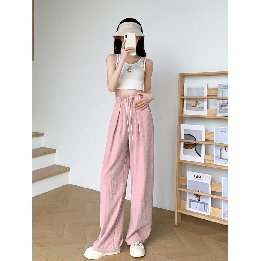 Drawstring Wide Plain Leg Pants Waist
