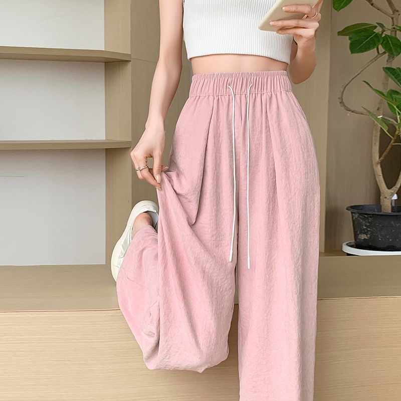 Drawstring Wide Plain Leg Pants Waist