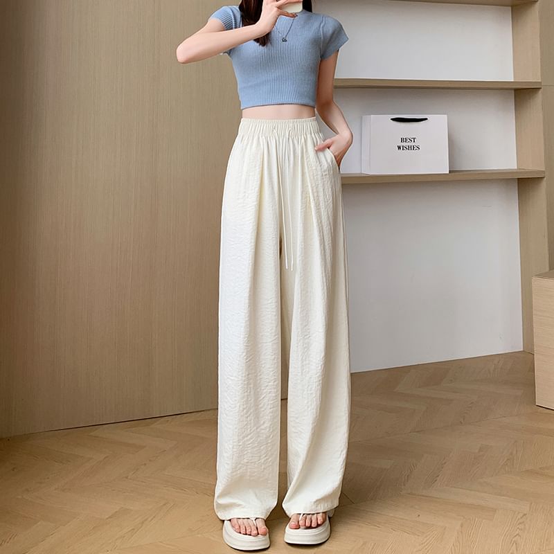 Drawstring Wide Plain Leg Pants Waist