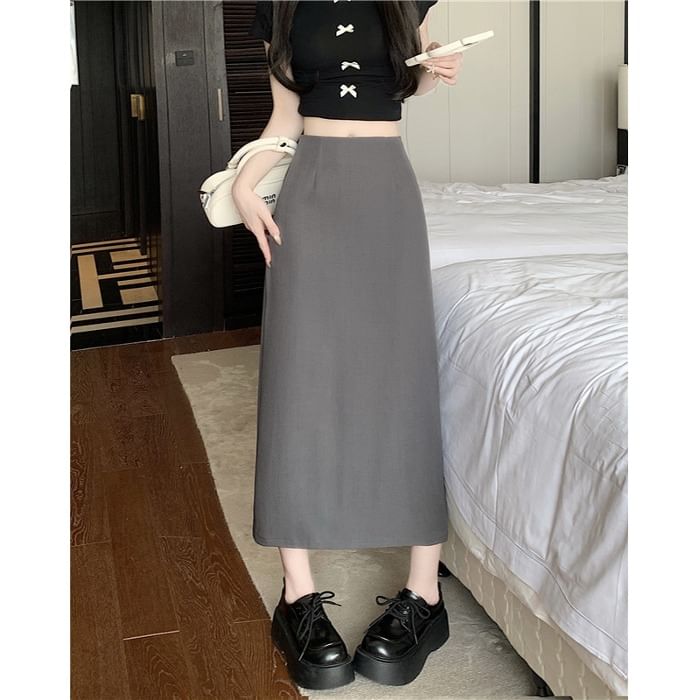 High Slit A-Line Skirt Midi Plain Rise