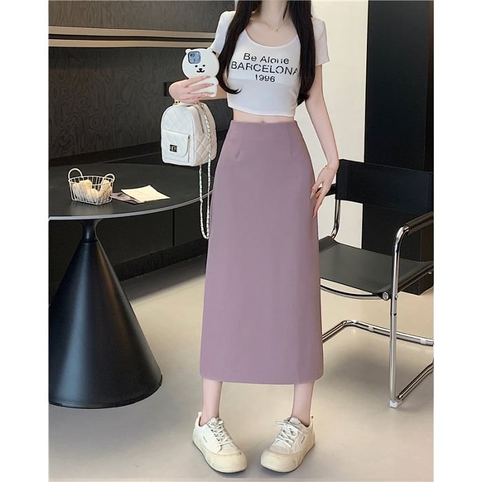 High Slit A-Line Skirt Midi Plain Rise