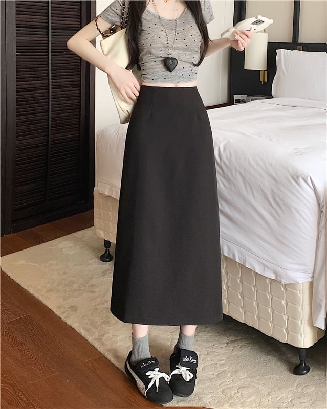 High Slit A-Line Skirt Midi Plain Rise