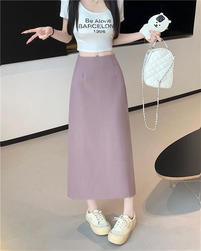High Slit A-Line Skirt Midi Plain Rise