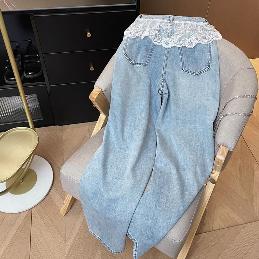 Panel Wide Leg Lace High Jeans Washed Waist