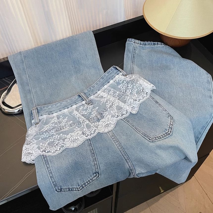 Panel Wide Leg Lace High Jeans Washed Waist