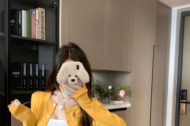 Contrast Crop Top Neck Tank / Cardigan Round Plain Ribbed Tie Front Stitching Knit