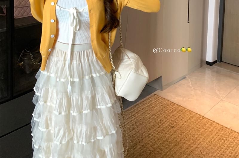 Contrast Crop Top Neck Tank / Cardigan Round Plain Ribbed Tie Front Stitching Knit