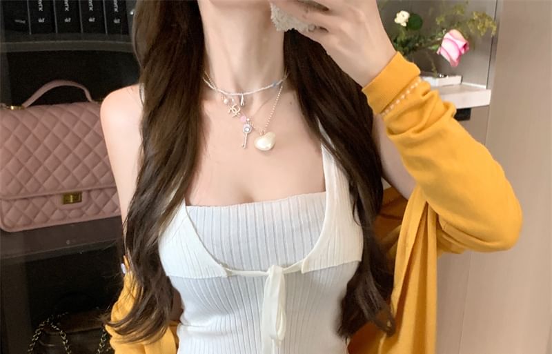 Contrast Crop Top Neck Tank / Cardigan Round Plain Ribbed Tie Front Stitching Knit