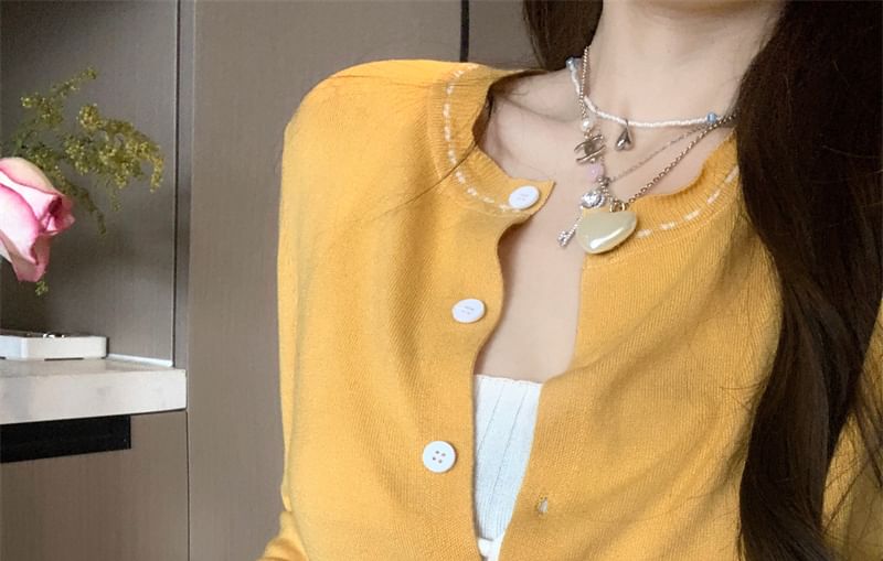 Contrast Crop Top Neck Tank / Cardigan Round Plain Ribbed Tie Front Stitching Knit