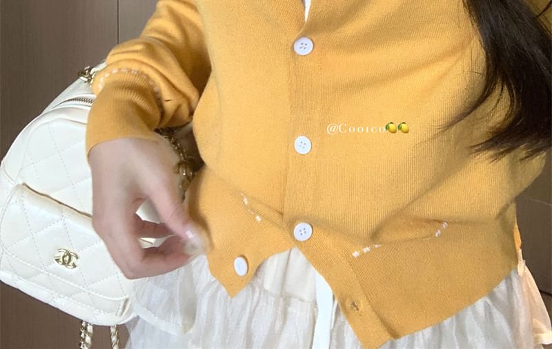 Contrast Crop Top Neck Tank / Cardigan Round Plain Ribbed Tie Front Stitching Knit