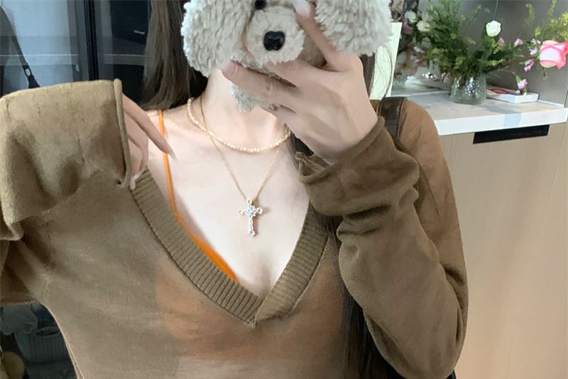 Long-Sleeve Bralette Knit Top Plain / V-Neck