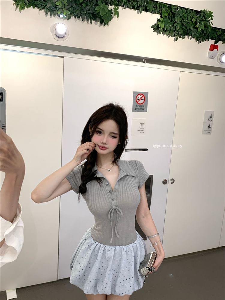 Ribbed Mini Two-Piece Panel Dress Mock Collar Short-Sleeve Knit Bubble Hem Bow A-Line