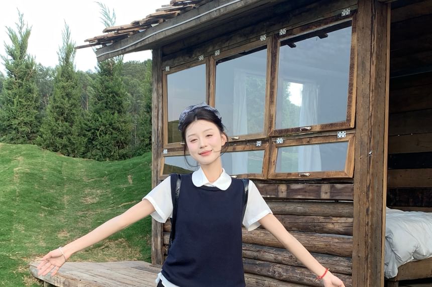 Plain Mini Skirt Sweater / Short Sleeve High Neck Waist A-Line Collared Vest Shirt Round