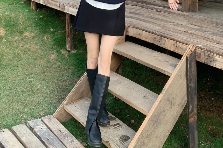 Plain Mini Skirt Sweater / Short Sleeve High Neck Waist A-Line Collared Vest Shirt Round